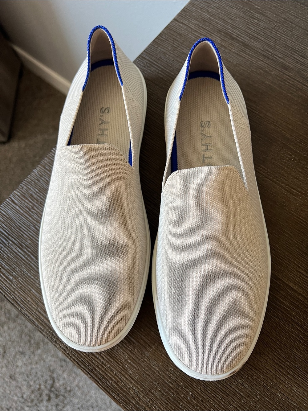 Rothy's Slip-On Loafers in Cream with Blue Trim - Picture 2 of 5